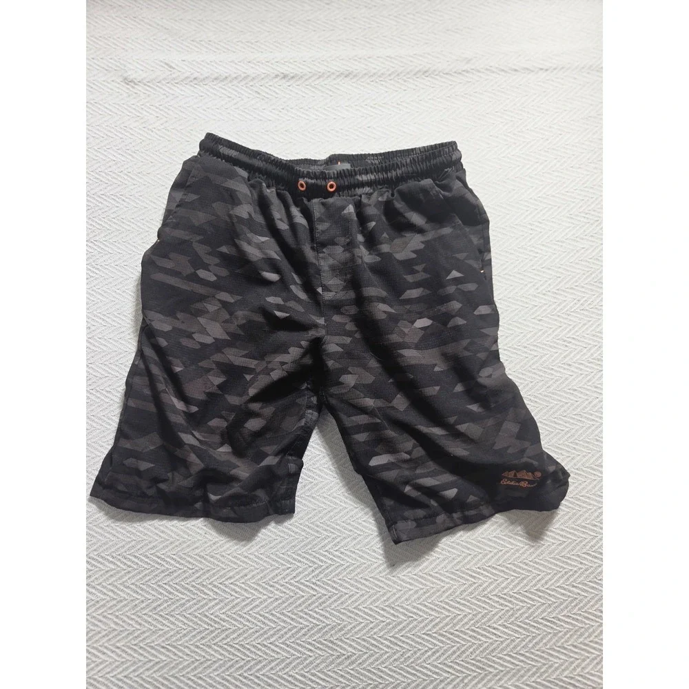 Eddie Bauer Boys L 14/16 Black Camo Hybrid Swim Shorts Orange Zip Pocket